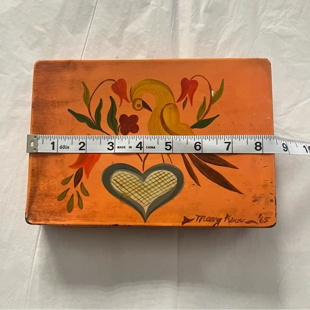 Vintage Trinket Box Hinged Lid Hand Painted Bird Signed 1965 Peach Yellow Green